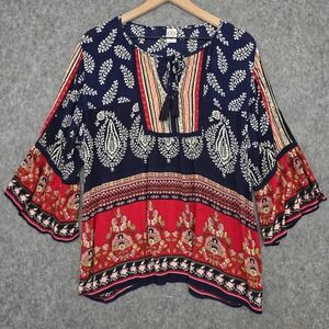Bila Blouse Womens XL Navy Red Paisley Boho Bell Sleeve Tassel Tunic Top Peasant